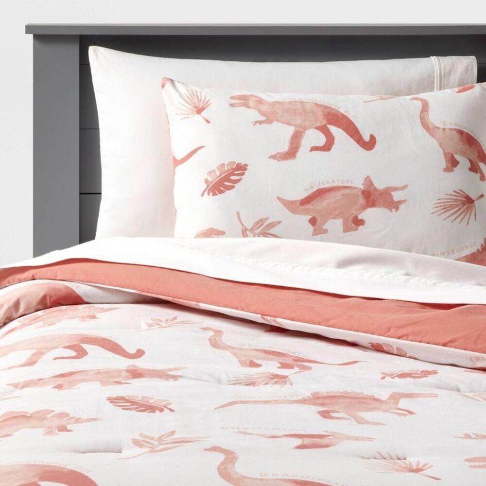 Full/Queen Dinosaur Kids' Comforter Set - Pink/White 3-Piece